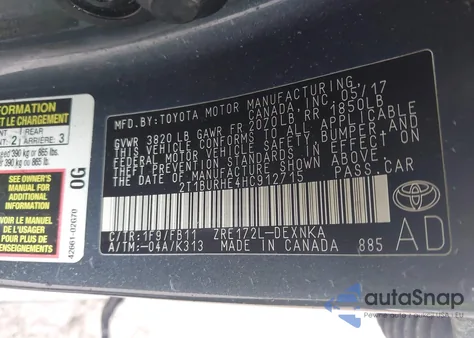 2017 Toyota Corolla Le z USA, uszkodzony, nr VIN 2T1BURHE4HC912715